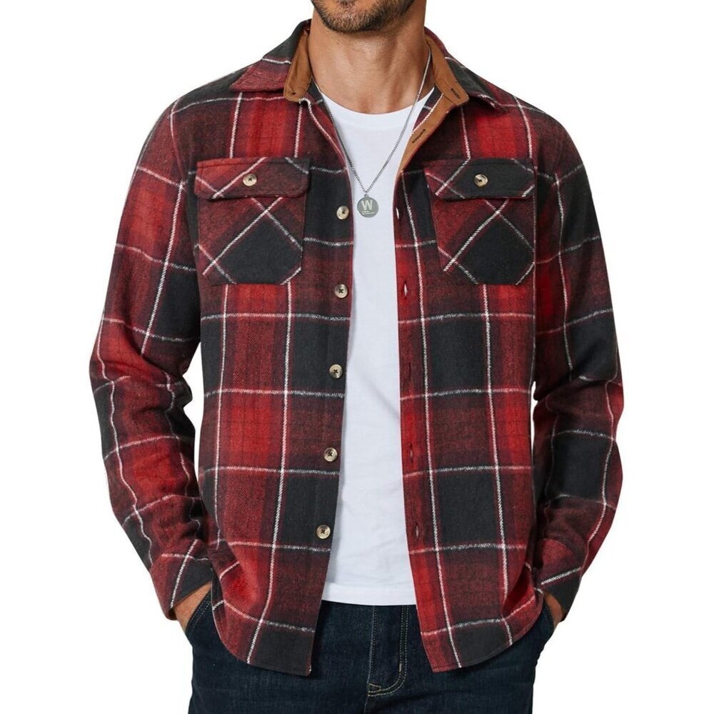 Coofandy Men Black Red Flannel Plaid Button Down Jacket Shirt with Pockets